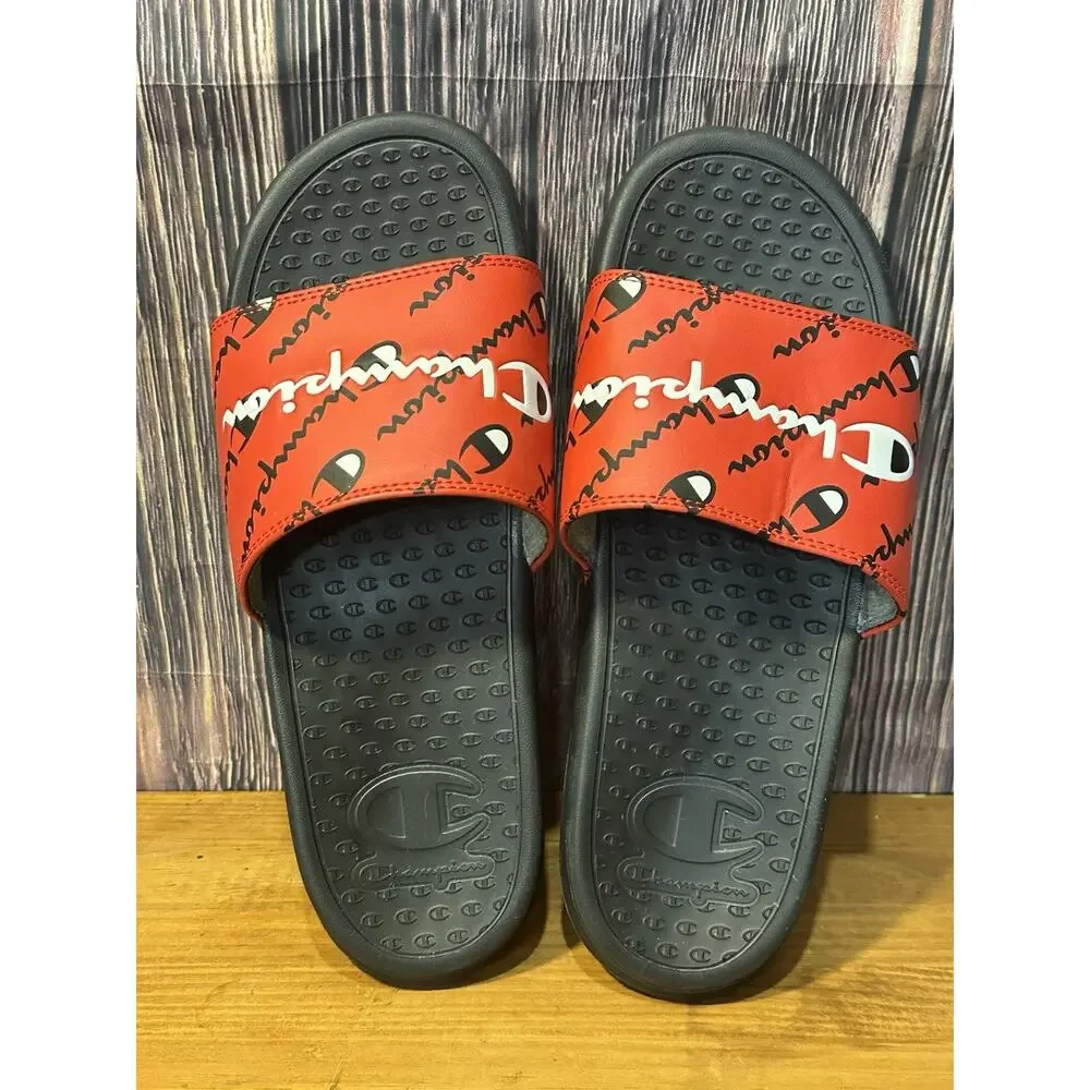 Champion Script Sliders Logo Red & Black Mens Sandals 9M Flip Flops Slides